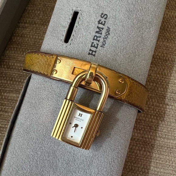 HERMES KELLY Watch Womens Gold Plated Yellow Leather Band - Picture 1 of 9